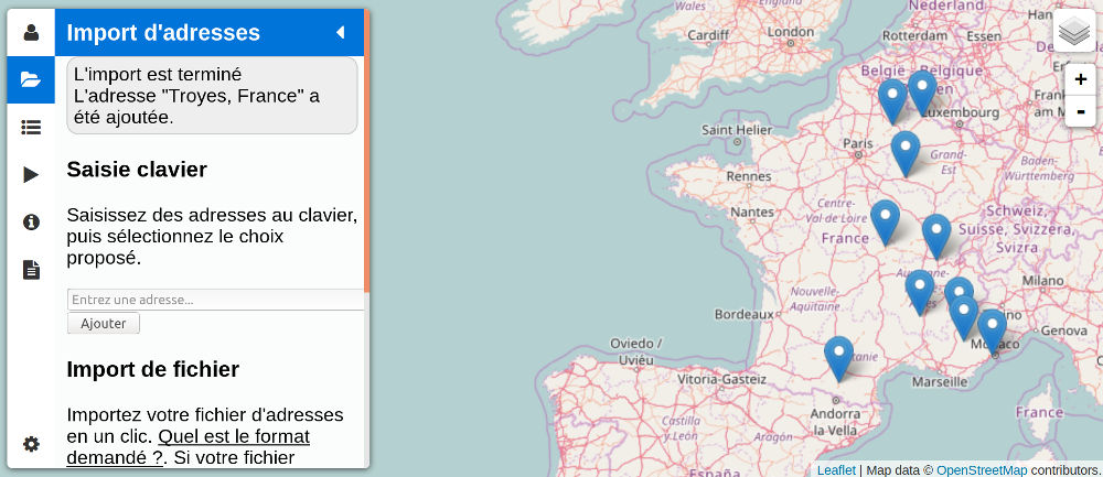 Addresses positioned on the map from an Excel file