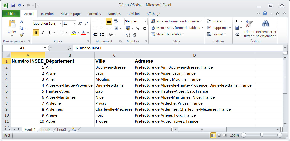 Excel file containing addresses and other fields