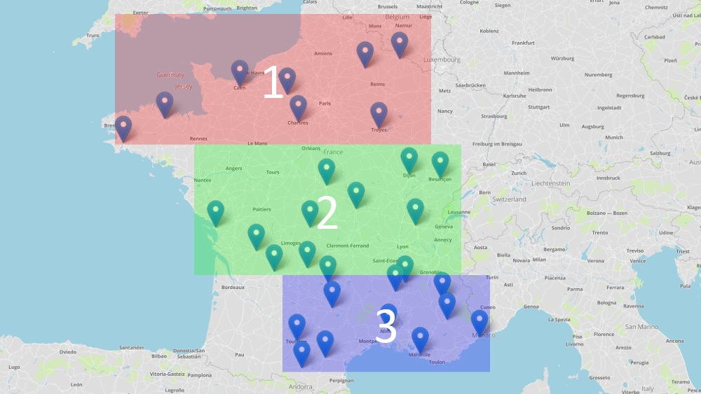 Map of France divided into 3 zones